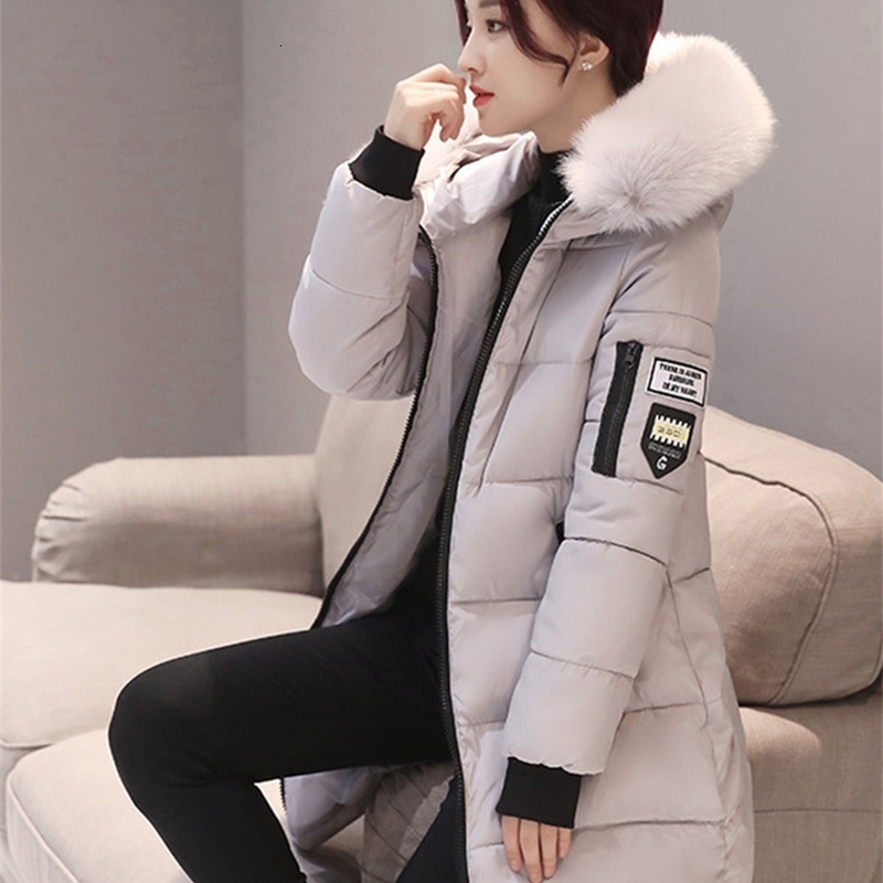 Women Winter Fur Collar Hooded Parka Fashion Letter Patch Zipper Pockets n Long Jacket Elegant Slim Warm Thick Female Coats y241226