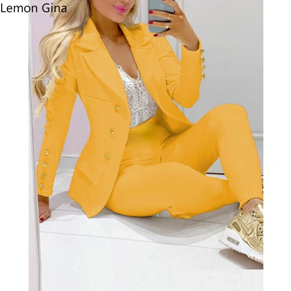 Lemon GinaWomen Pants Suits Solid Single Breasted Blazers Tops Pencil Two 2 Piece Sets Office Lady Fashion Outfit Autumn 250106