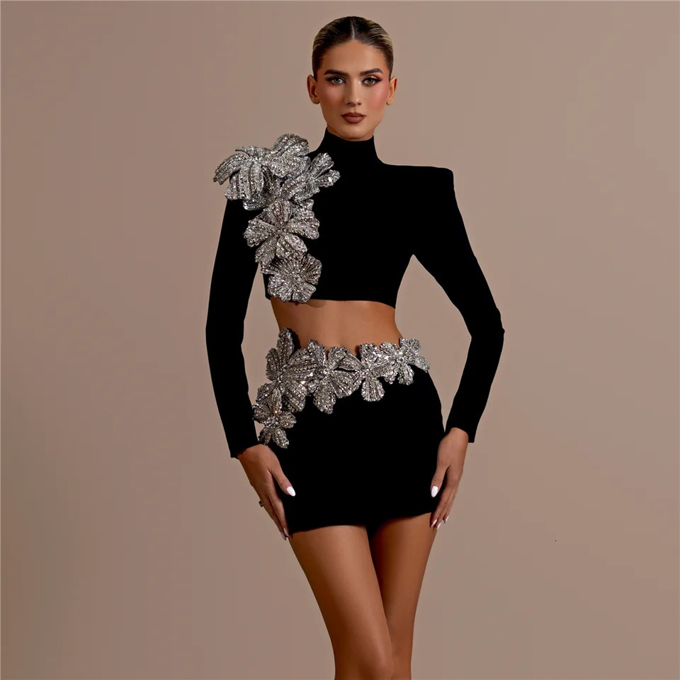 Autumn Women Bandage Sets Sexy Beading Long Sleeve Tops Mini Skirt Club Party Outwear Two Pieces 250106