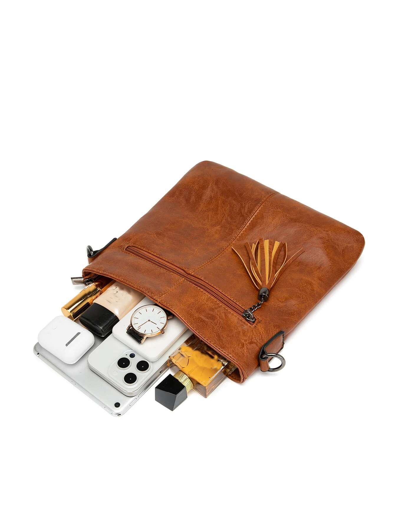 Fashionable Soft Leather Women's Tote Vintage Casual Portablelarge Capacity Crossbody Bag Fashionshopper Handbag Withtassels