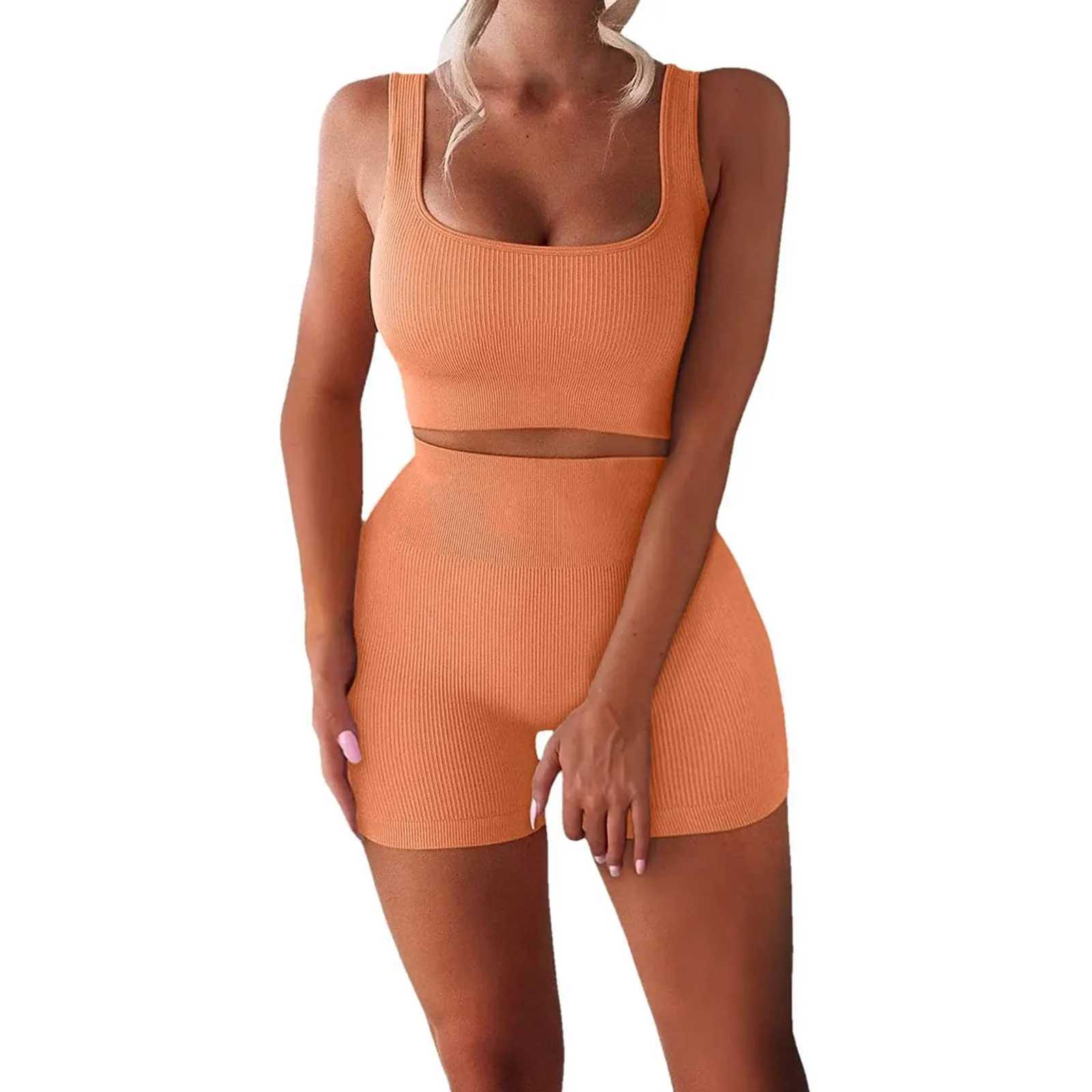 Womens Sexy Fitness U-Neck Vest Two-piece Set Ribbed Vest High Waist Shorts Yoga SuitXJ250109