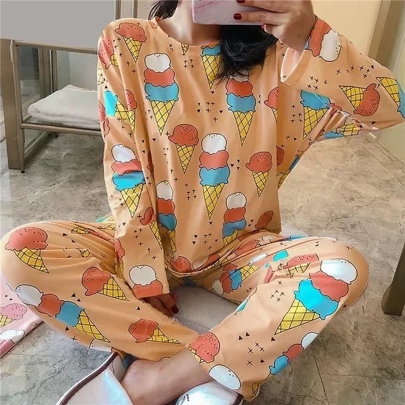 Spring Sleepwear Sets Set Pajama Cow Cartoon Long Sleeve Print Cute Women Twopieces Underwear 250106