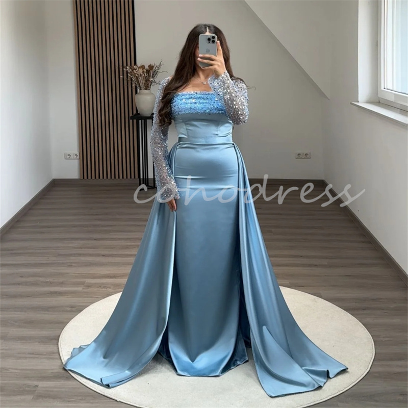 Luxury Blue Sequined Evening Dresses With Overskirt Train Saudi Arabic Dubai Prom Dress Long Sleeve Mermaid Formal Dress 2 in 1 Vestio De Fiesta Gala 