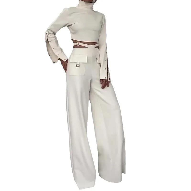 Women Pant Set Solid Two Piece Sets Turtleneck Full Sleeve Tops Sexy Wide Leg Long Pants Loose Casual Regular Splice 250106
