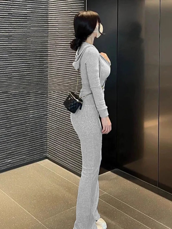 WOMENGAGA Korea Slim Sexy Short Cardigan Long Sleeved Hoodieflared Sports Pants Twopiece Set For Women FJJ8 250106