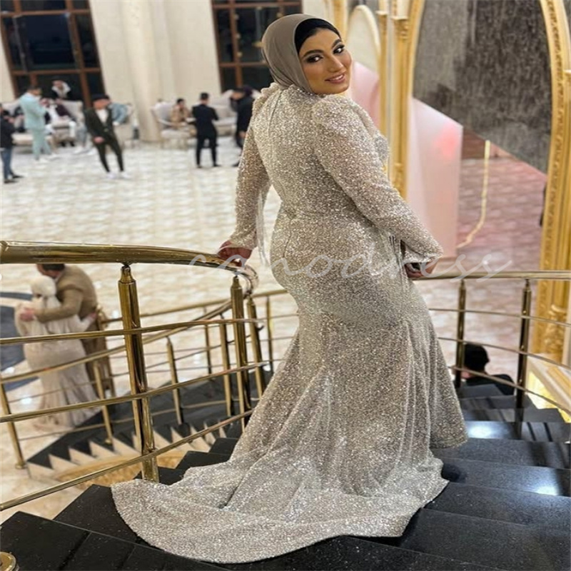 Sparkly Sequined Muslim Evening Dress Plus Size Shine Mermaid Prom Dress Arabic Dubai Abaya Birthday Formal Party Dress Luxury Vestidos De Fiesta 2025