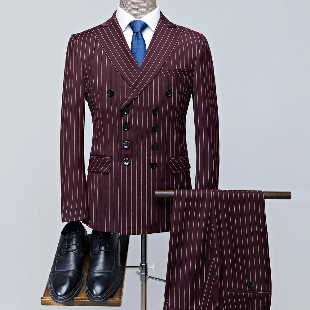 Mens Suits 2 Pieces Vintage Double Breasted Suit Black Red Stripe Terno Slim Fit Large Lapels Wedding Groom Tuxedo Tailcoat Men 250102