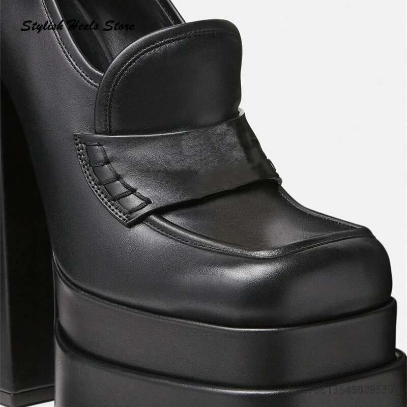 Stylish Double Platform Chunky Heel Modern Women's Square Toe Slip On Shallow Shoes Classic Super High Heels Runway Pumps