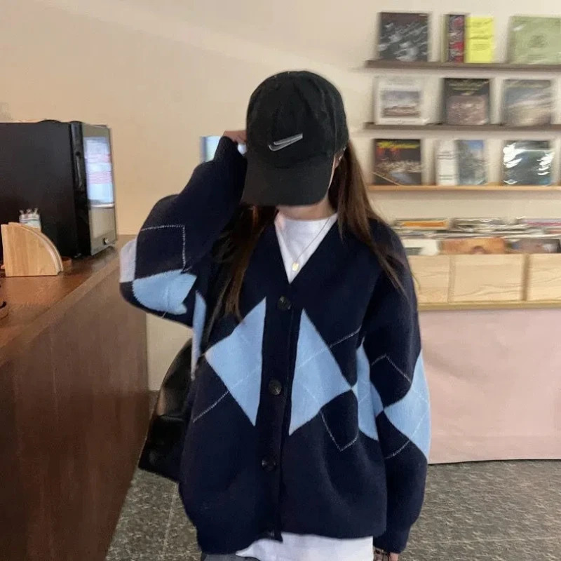 Diamond Shaped Sweater Jacket Cardigan Womens Loose Retro Lazy Style Knitted Long Sleeved Top 250108