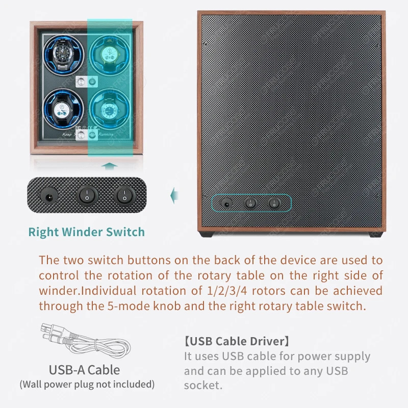 FRUCASE Wooden Watch Winder for Automatic Watches 4 Rolex Box Jewelry Display Collector Storage Wood grain with light 250103