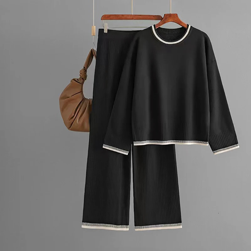 HELIAR Women Knit Sports 2 Piece Set Contrast Color ONeck Long Sleeve Autumn Pullovers High Waist Wide Leg Pants Casual Suit 250106