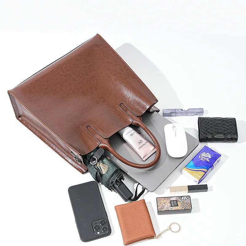 Zency Soft Retro Wax Leather Handbag Women's Tote Bags Large Capacity Composite Commute Crossbody Shoulder Bag Satchel