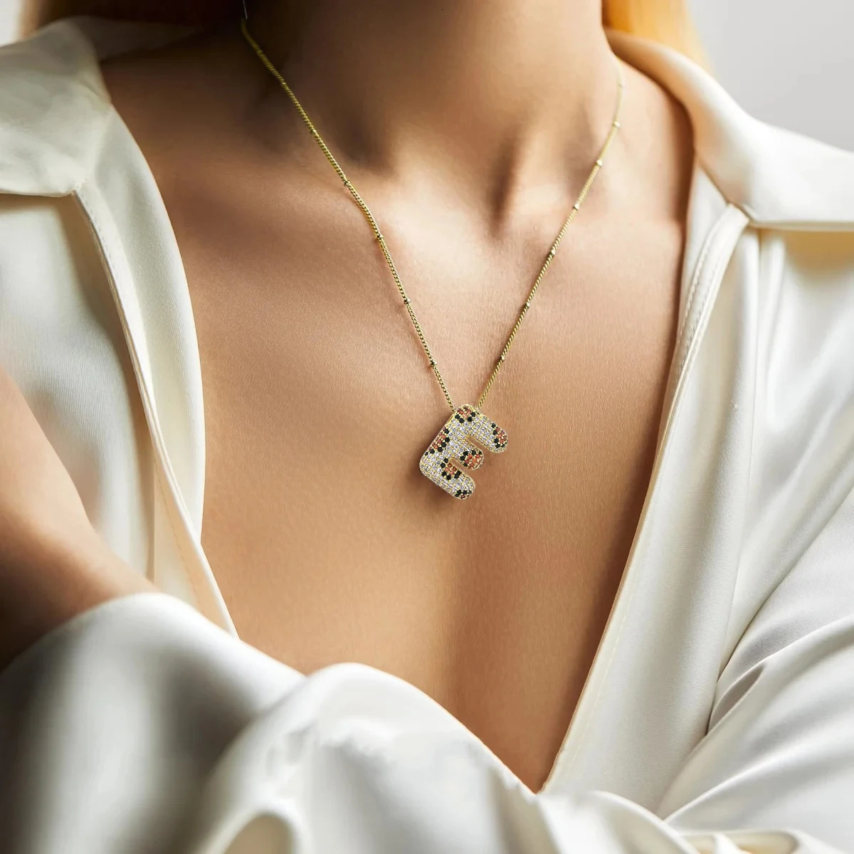SUNSLL y Leopard Print 26 Letter Bubble Pendant Necklaces For Women Men Gold Color Zircon Chunky AZ Alphabet Chain Jewelry 250109