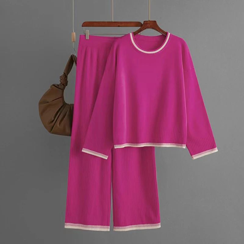 HELIAR Women Knit Sports 2 Piece Set Contrast Color ONeck Long Sleeve Autumn Pullovers High Waist Wide Leg Pants Casual Suit 250106