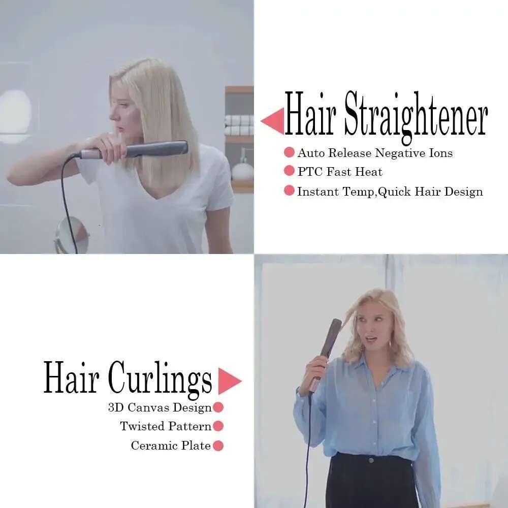 2 in 1 Professional Hair Straightener PTC Ceramic Fast Heating Styg Flat Wet & Dry Spiral Curg Iron