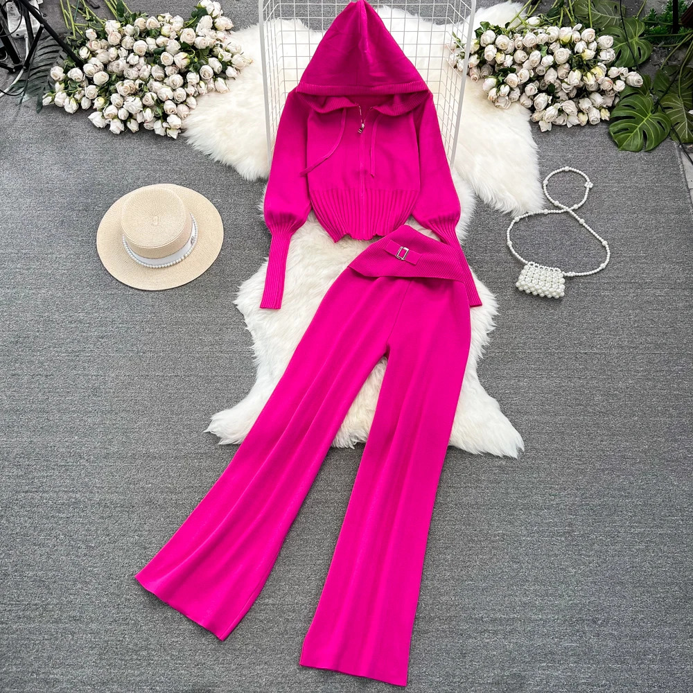 REALEFT Autumn Winter 2 Pieces Womens Sets Knitting Tracksuit Zipper Hooded Sweater and Wide Leg Pants Suits 250106