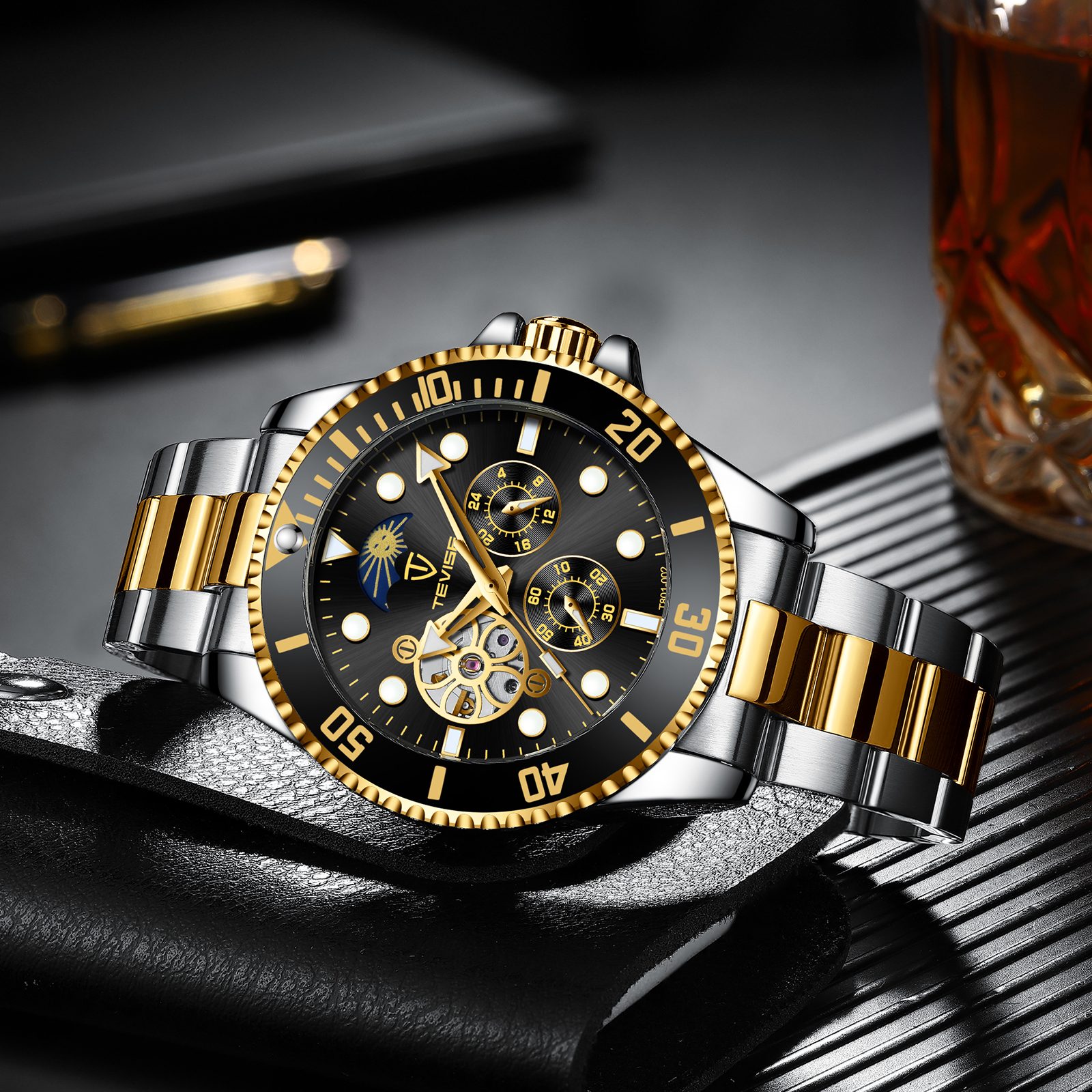 TEVISE Mens Luxury watch Fashion Designer Watch Mens Automatic Mechanical Multifunctional Business Waterproof Classic Wrist Watch T039 T801-002