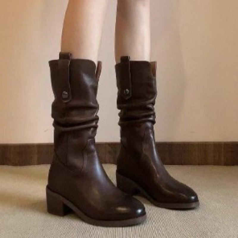 Retro Western Cowboy Boots Autumn/Winter New Round Head Thick Heel Stacked Boots Long Leg Knight Boots British Style Boots