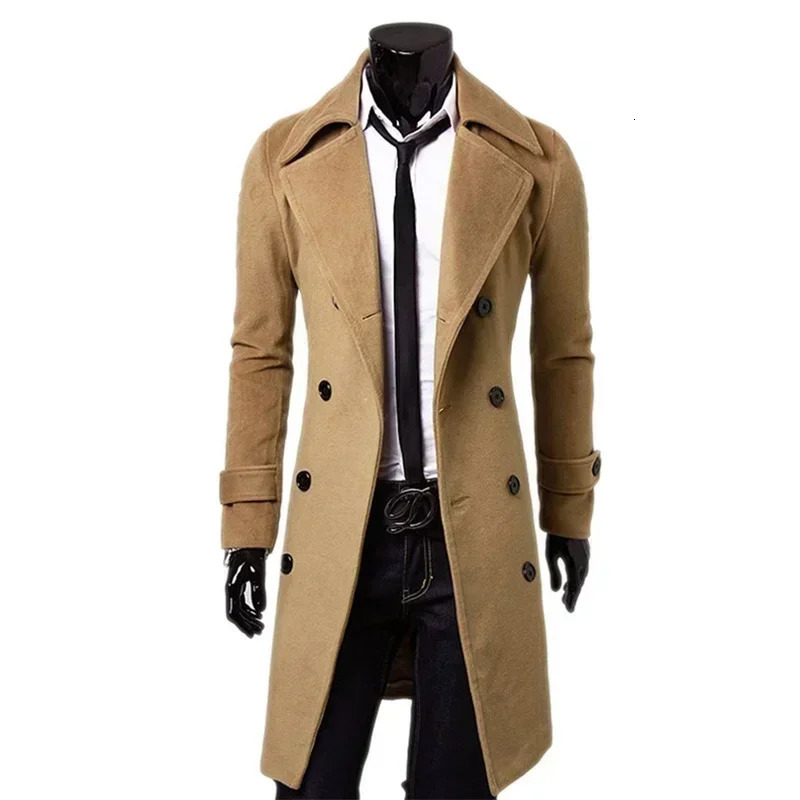 Men Double Breasted Trench Coat 2024 Autumn Winter Wool Blend High Quality Fashion Casual Slim Fit Solid Color Male Jacket 250106