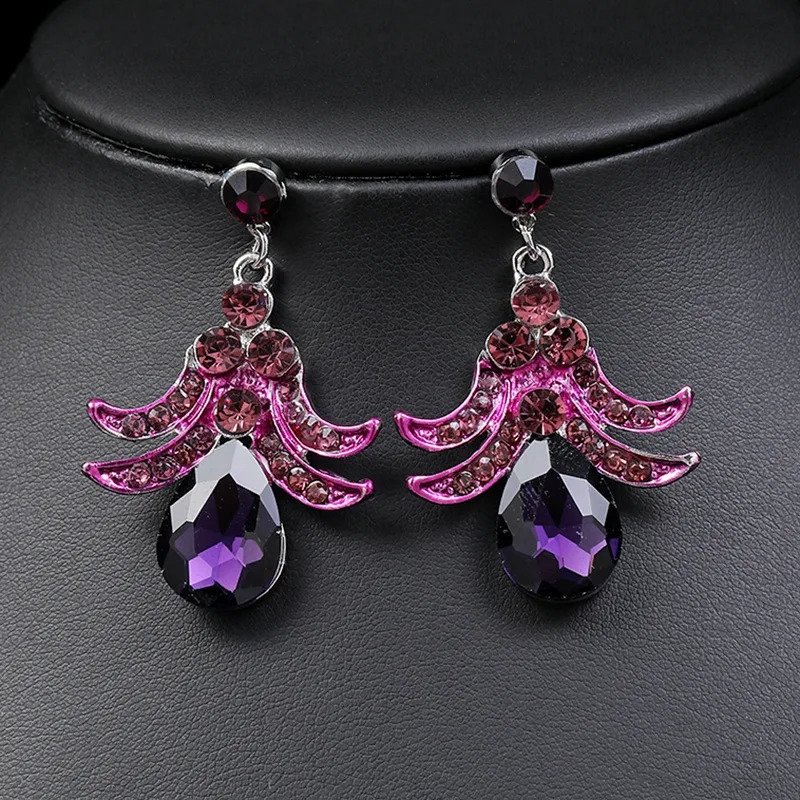 Purple Jewelry Set Wholesale Wedding Accessories y Crystal Rhinestone Flower Statement Earrings and Necklace for Women 250109