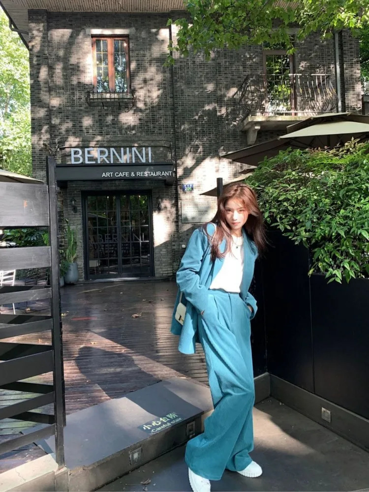 Fashion England Style Blazer Set Women Corduroy Twopiece Suit Ladies Korean High Waist Wideleg Pants and Jacket 250106