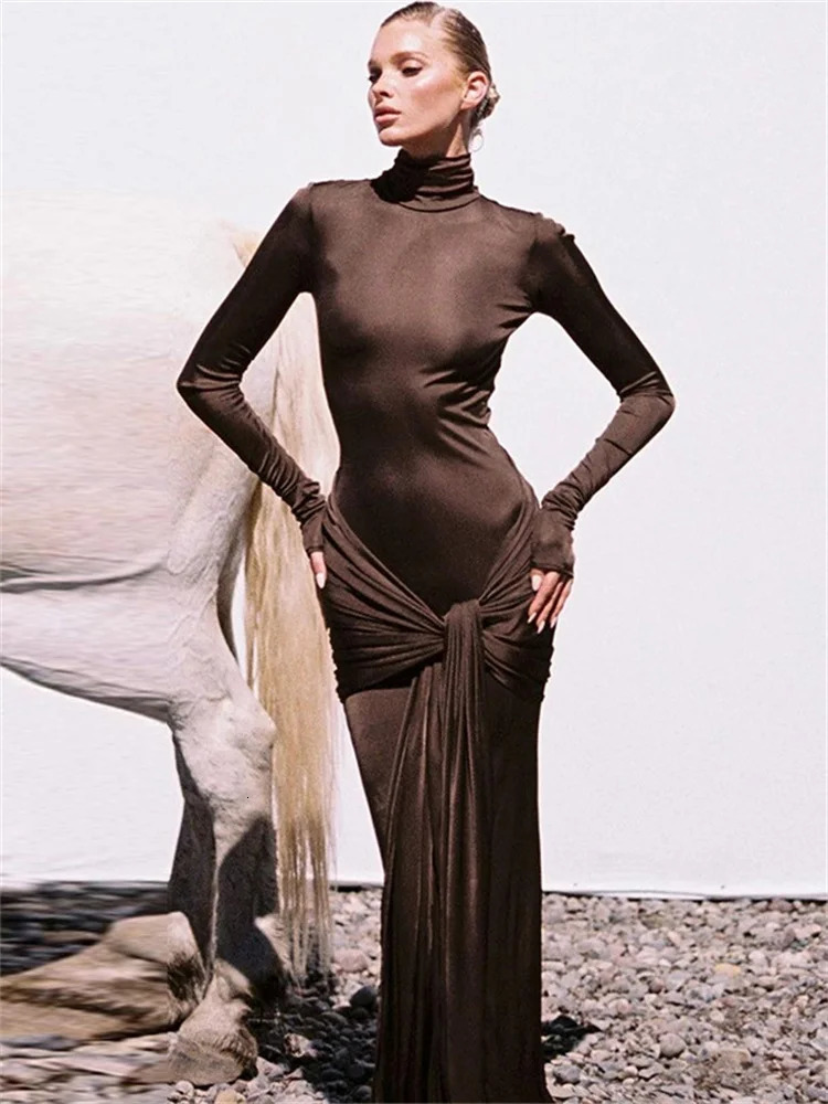 Tossy Fashion Bandage Spring Maxi Dress For Women Slim Pleated Long Sleeve Lace-Up Party Dress Ladies Solid Long Dress 250109