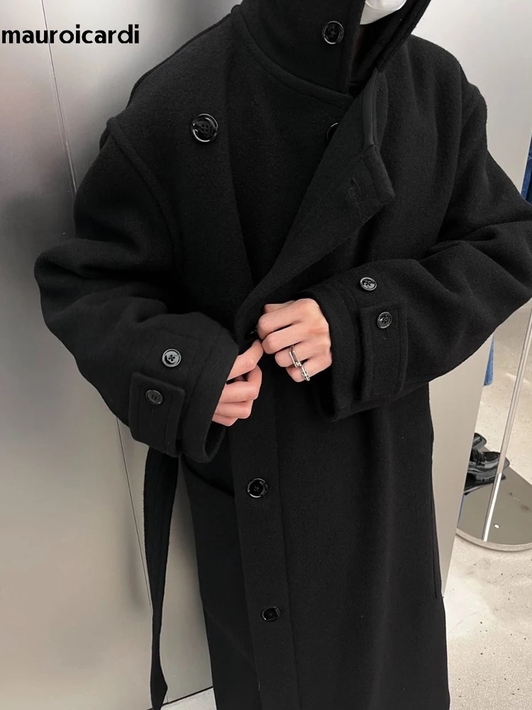 Mauroicardi Autumn Winter Oversized Long Thick Soft Warm Black Wool Blends Coat Men Clothes Woolen Overcoat 2024 250106