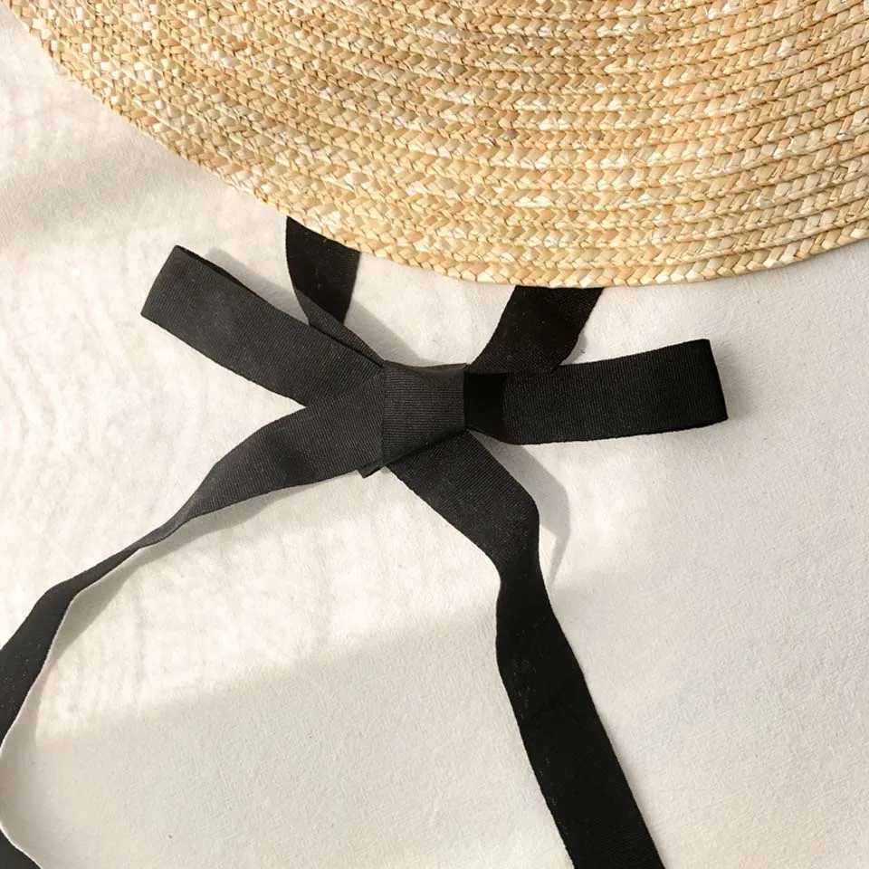 Wide Brim Rowing Hat 15cm 18cm Brim Straw Hat Flat Brim Summer Hat White Black Ribbon Tie Sun Hat X250109