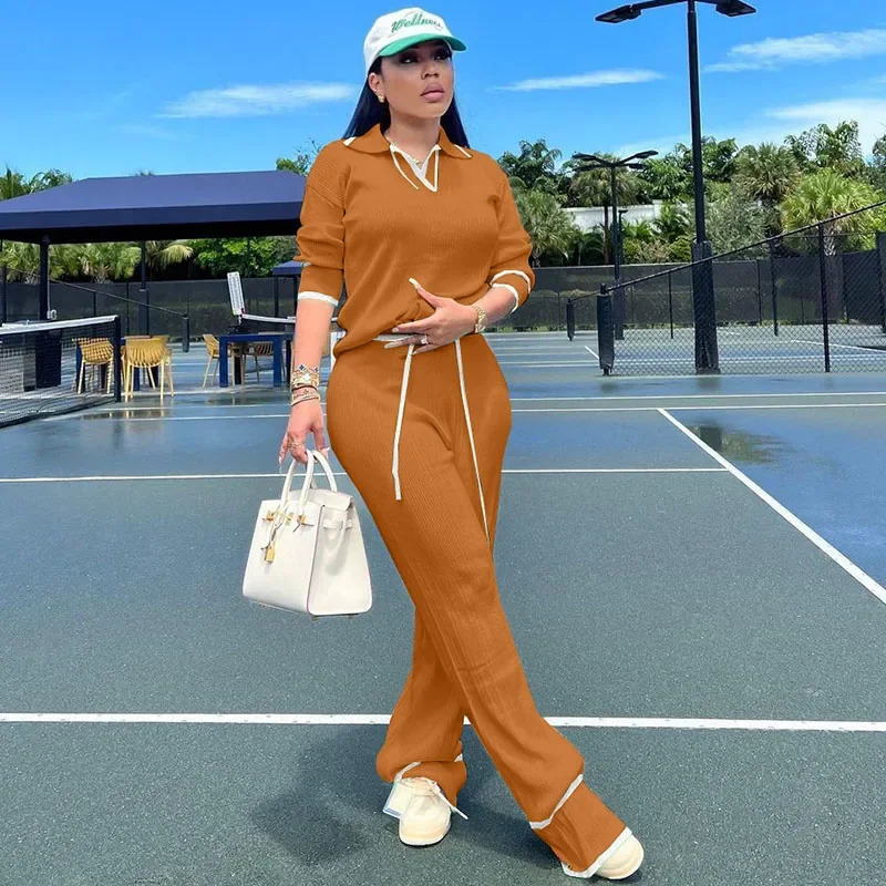 Active Wear Knitted Casual Tracksuit for Women Two Piece Set Sporty Fitness Striped Sweater Top and Wide Leg Pants Jogging Femme 250106