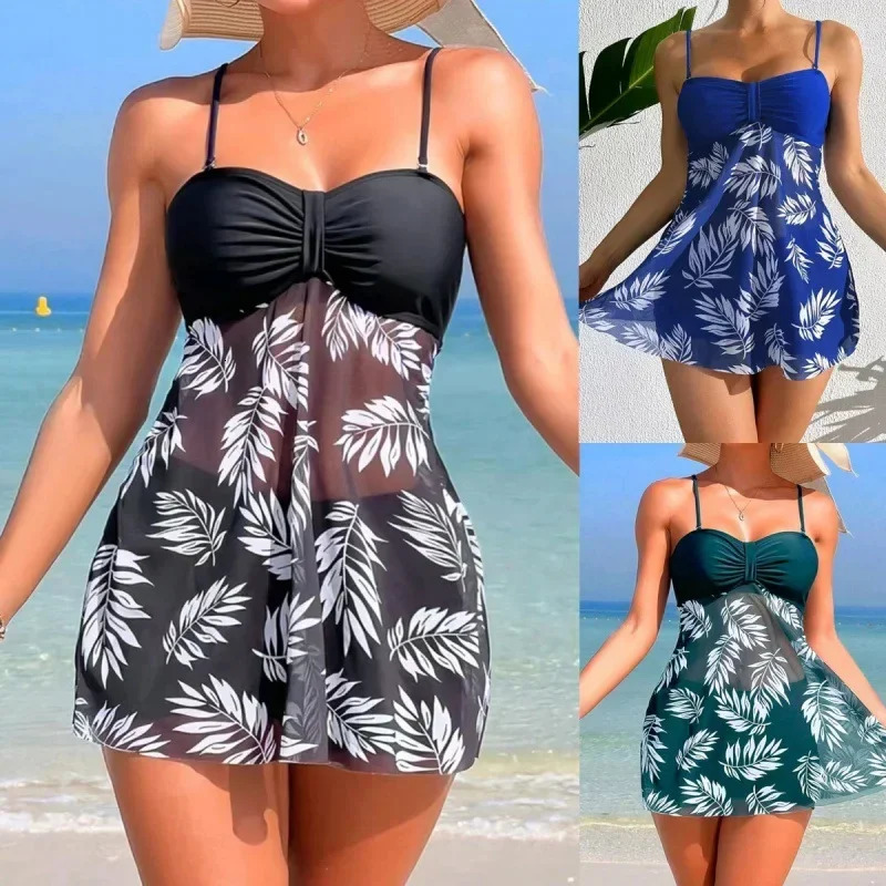 Summer Short Dress Split Swimsuit Womens Sexy Fashion High Waist Thickened Mesh Print Swimming Beach Wear 250108