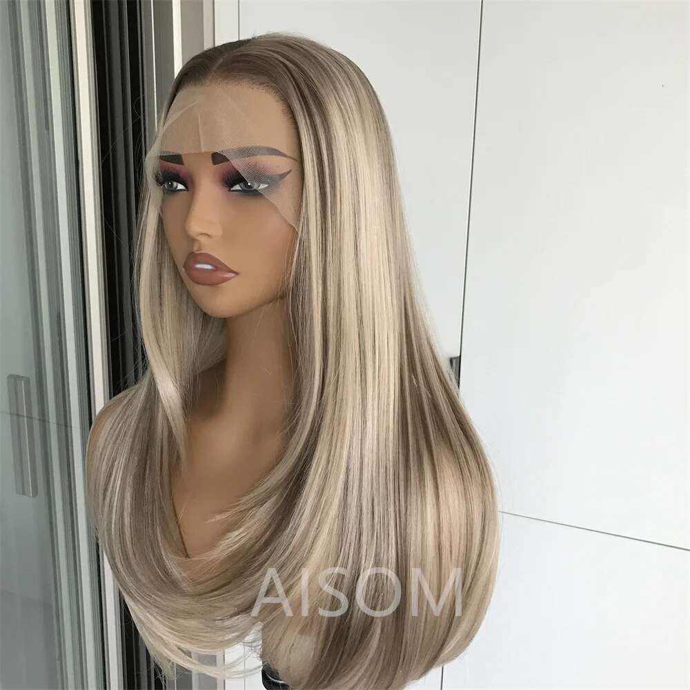 Front Highlight Layered Straight Synthetic Lace Wigs For Women Blonde Mix Brown Colored Wig Pre Plucked
