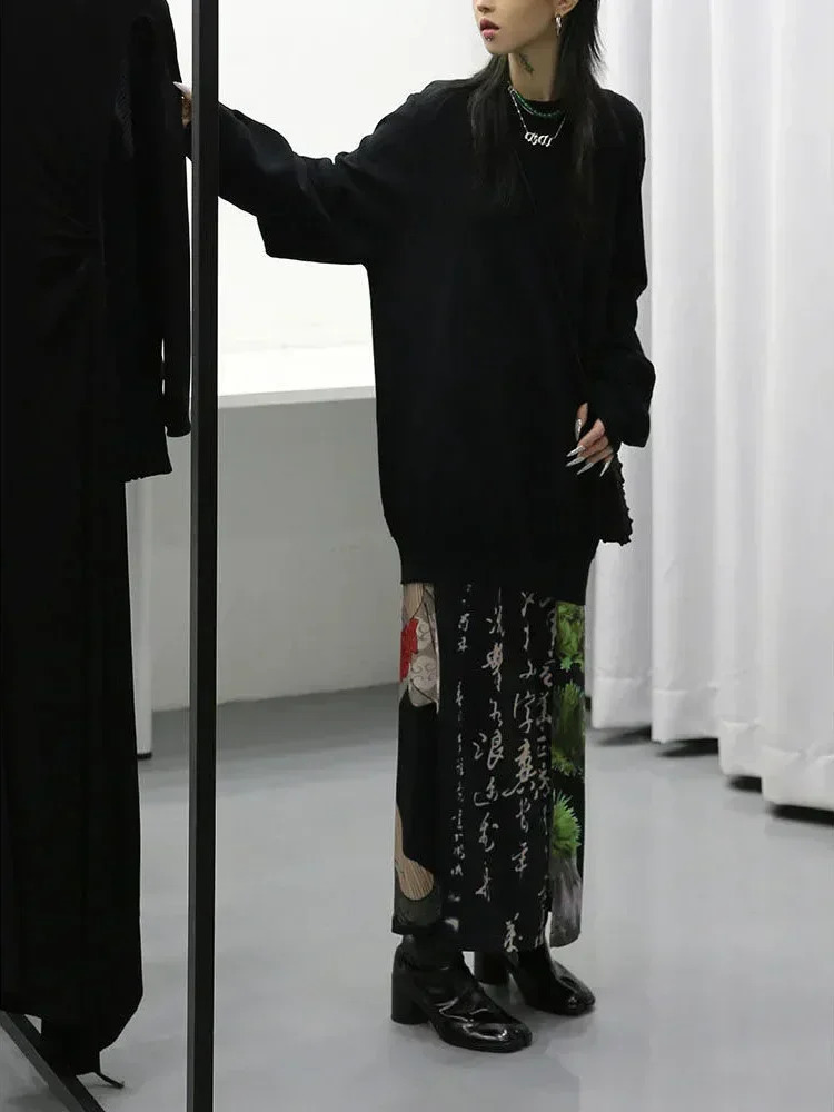 Tie Dye Black Print Skirts Womens Aline Split Long Skirt Harajuku Japanese Streetwear Gothic Faldas Largas Mujer Fairycore 250106