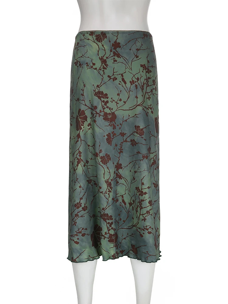 HEYounGIRL Vintage Long Skirt Green Floral Print Women Y2K High Street Grunge Fashion Elegant MidCalf Autumn Winter 250106