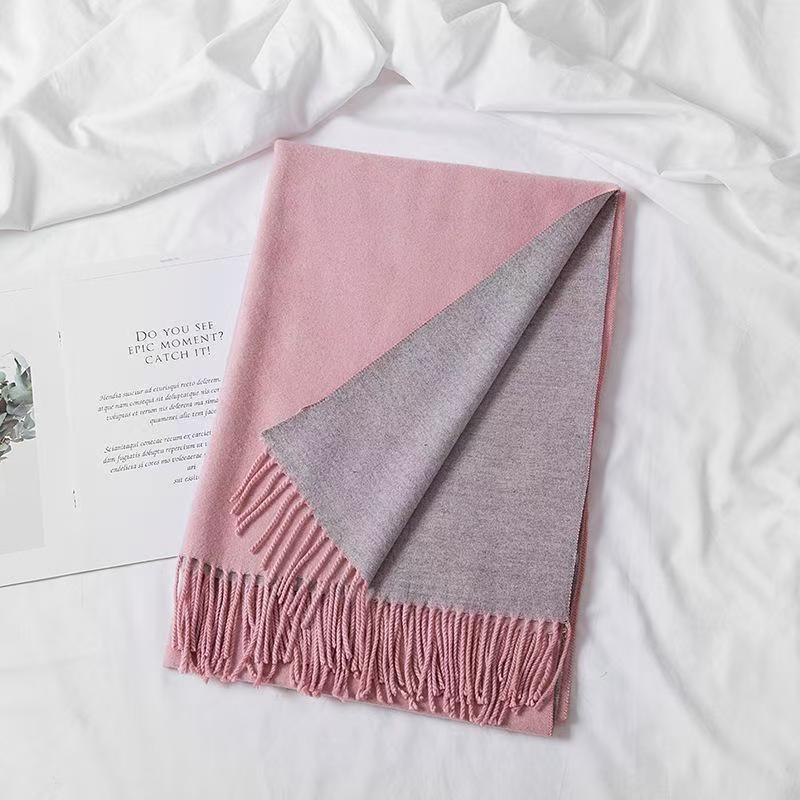 T073 autumn and winter new double-sided solid color cashmere scarf thickened tassel ladies two-color warm shawl versatile neck scarf