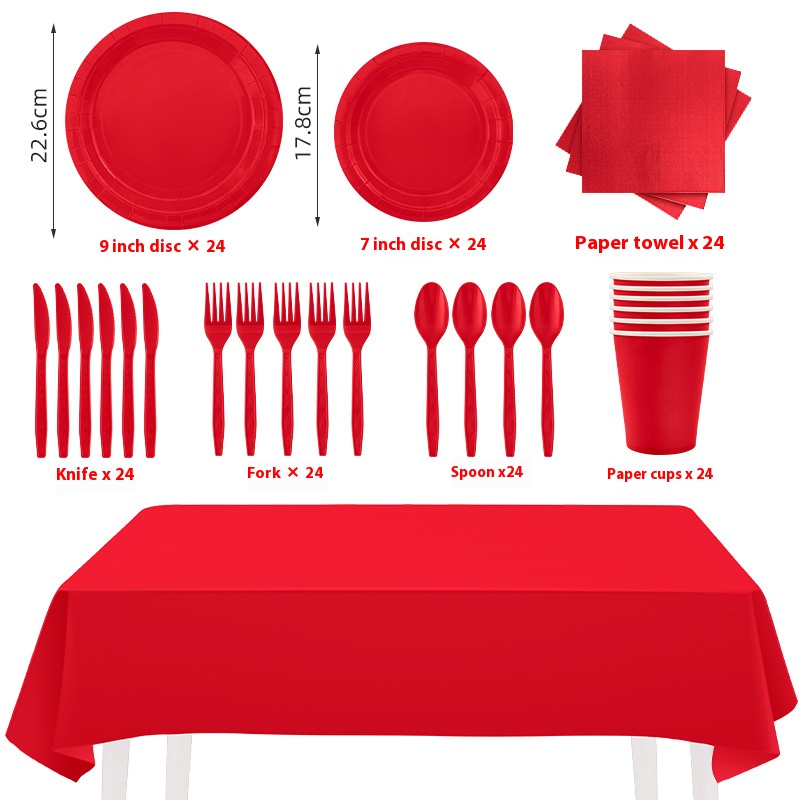 Hot selg solid color themed party red thick tray, paper cup, tissue tablecloth, disposable item