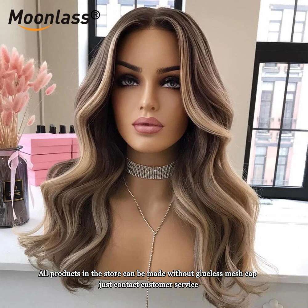 Moonlass Highlight Brown Body Wave 100% Real Human Wig 13x6 Lace Front Remy 210% Density Salon Hair Coloring Wigs
