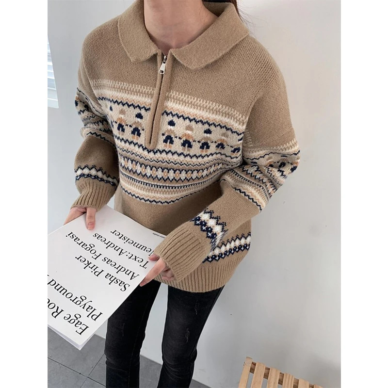 Vintage Print Sweater Women Christmas Red Knitted Pullovers Korean Half Zipper Long Sleeve Knitwear Fall Winter Casual Jumpers 250108