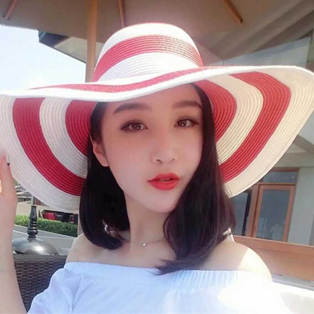 60% decrease!! Wen Fashion Striped Wide Brown Cork Straw Hat Foldable Summer Beach Sunshine C X250109
