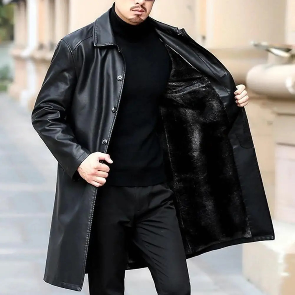 Men Autumn Winter Faux Leather Windbreaker Lapel Long Sleeve Pockets Single Breasted Fleece Lining Jacket Coat Loose 250107