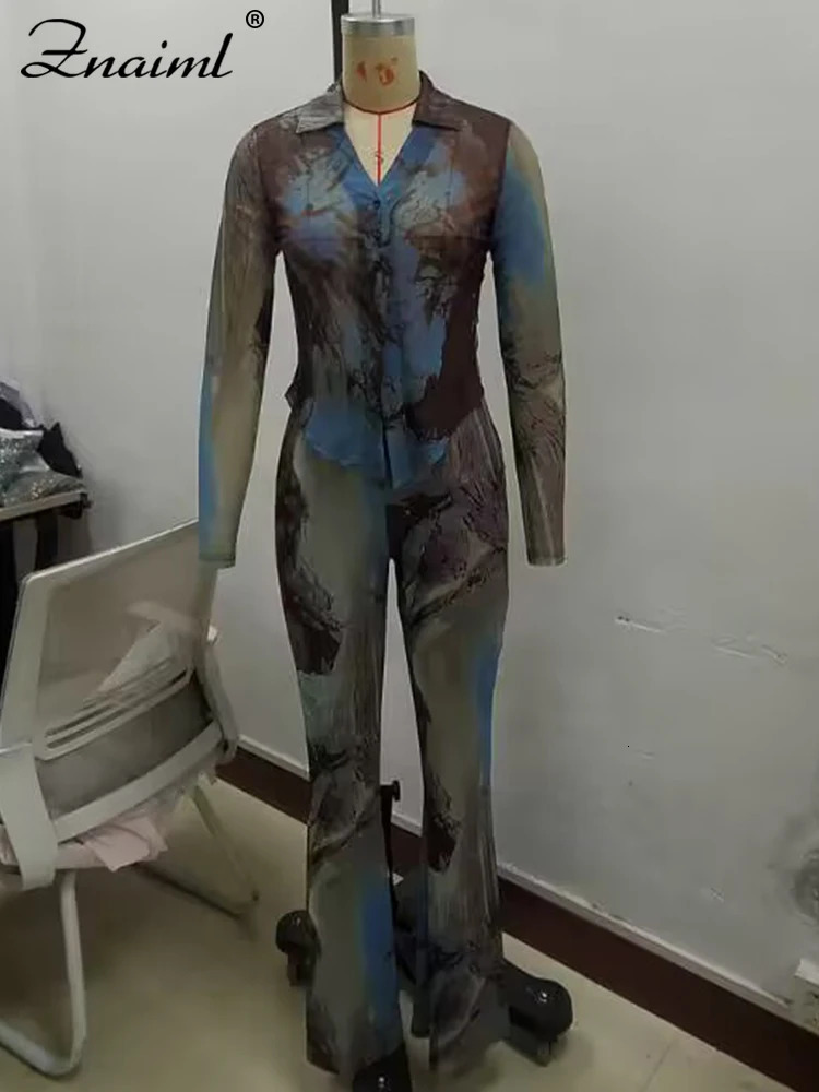 Znaiml Elegant Mesh Tie Tye Print Full Sleeve Single Breasted Shirts Tops and Flare Pants Two 2 Piece Matching Sets Women Outfit 250106