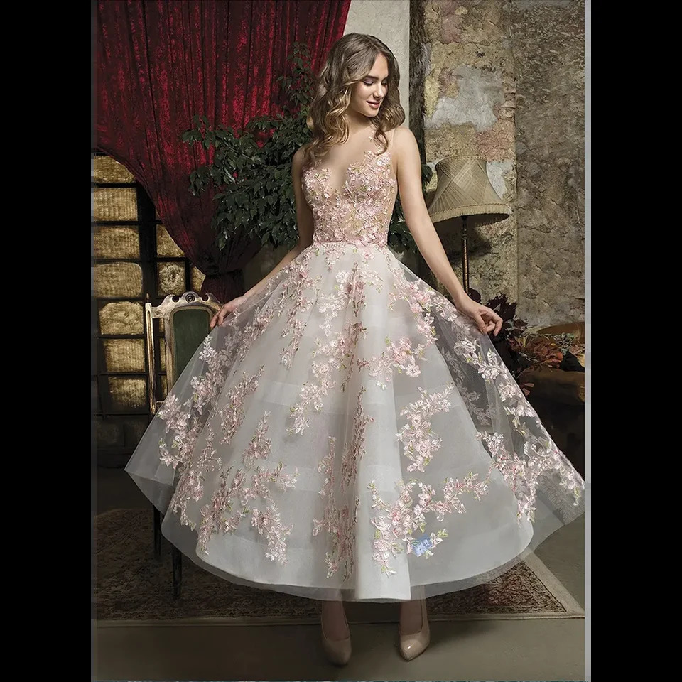 Florals Appliqued Sheer Jewel Neck A Line Short Formal Prom Dresses Buttons Back Ankle Length Homecoming Dress 250106