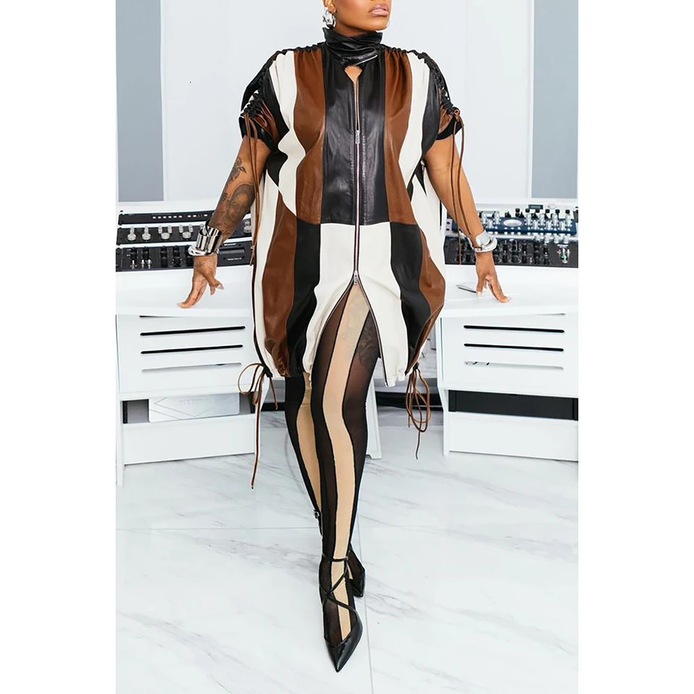 Plus Size Party Dress Brown Ruched Faux Leather Colorblock Mini 250106