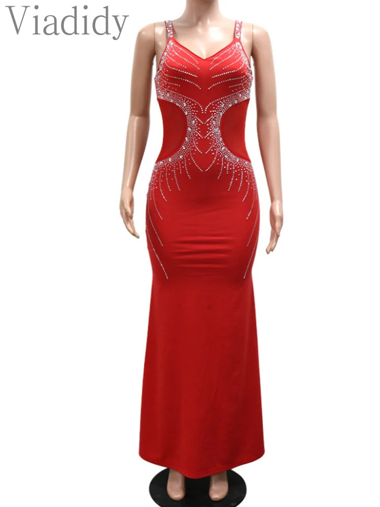 Women Spaghetti Strap Rhinestone Floor Length Mermaid Party Dress 250106