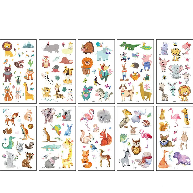 10 Pack Tattoo Stickers Cartoon Temporary Tattoos Kids Arm for Forest Animal Fun Party 241230