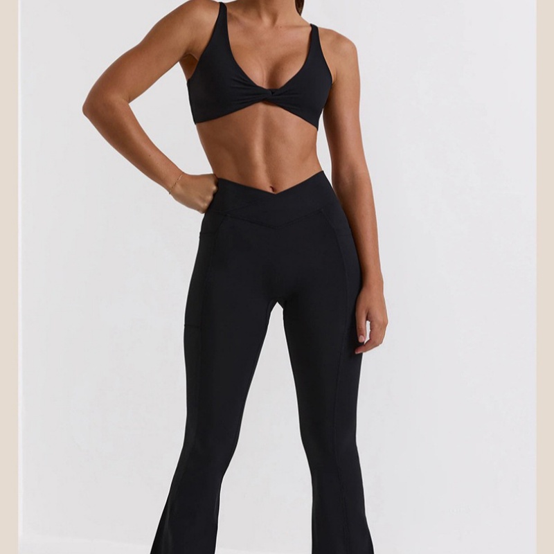 Women's designer outdoor sports and fitness set yoga bell bottoms bra two-piece set tight fitting wide leg high waist lifting pants