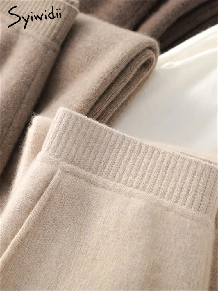 Syiwidii Knitted Women Pants Fall Winter Korean Fashion High Waist Wool Wide Leg Sweatpants Casual Straight Loose Trousers 250108