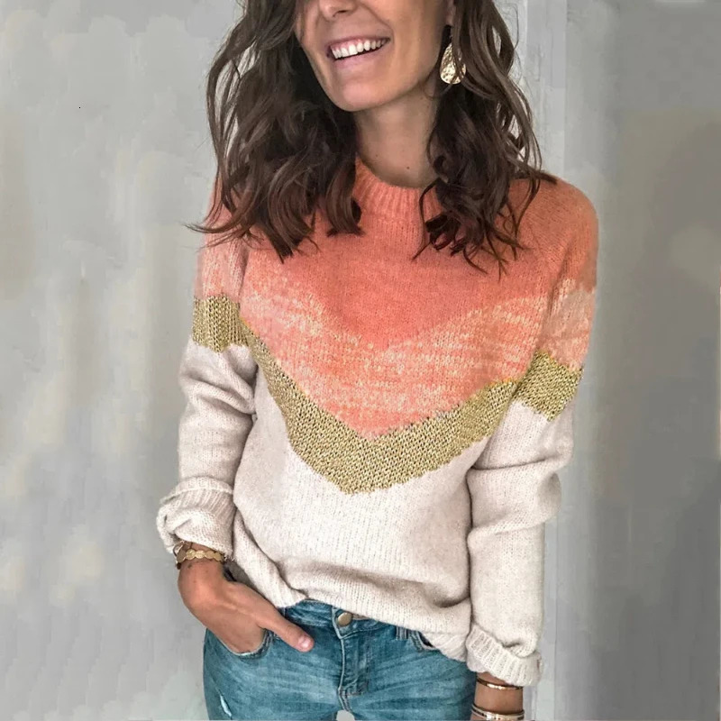 Color Blocked Patchwork Knit Sweater with Round Neck and Shoulder Sleeves for Women 250108