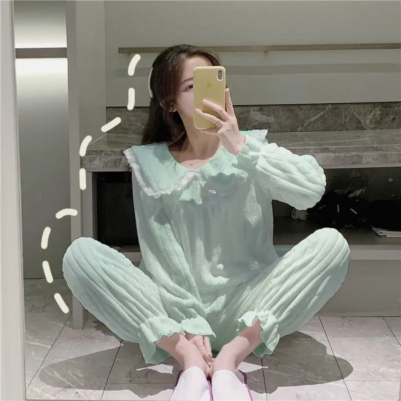 Coral Fleece Pajamas Sets for Women Autumn Winter Thick Warm Sweet Long Sleeve Sleepwear Nightgown Pijama Suit Mujer Homewear 250106