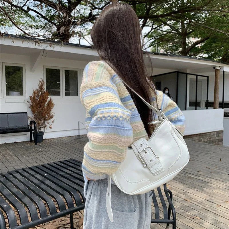 Rimocy Sweet Mixed Color Round Neck Cardiagns Women Korean Single Breasted Knitted Cardigan Woman Chic Long Sleeve Knitwear 250108