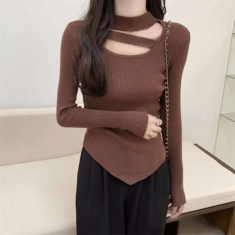 2025 New Autumn Winter Slim-Fitting Halterneck Round-Neck Bottoming Sweater For Women With Irregular Long-Sleeved Top